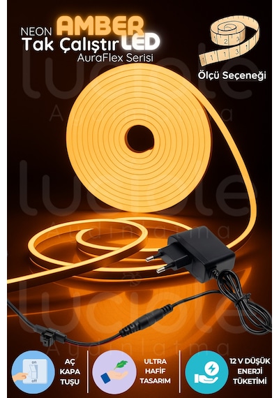 4 Metre Amber Neon Led Auraflex Serisi Aç-kapa Prizli Şerit Sıcak Turuncu Işık