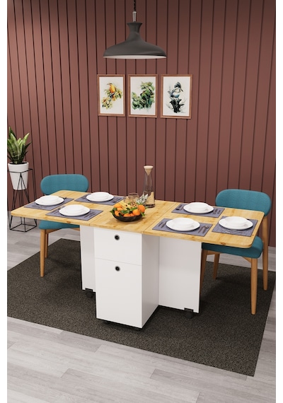 Asra Trend KM-02 %100 MDF 168x70 cm Katlanır Akıllı Mutfak Masası Tekerlekli Servis Masası Beyaz Safir Meşe