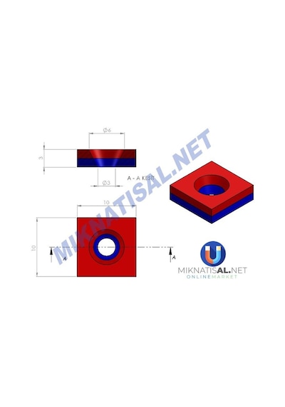 10X10X3Mm (6X3Mm) Havşalı Kare Güçlü Neodyum Mıknatıs 10 Adet