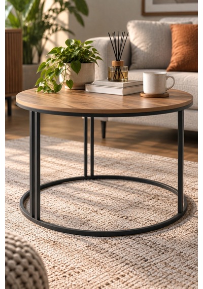 Sulorahome Ceviz Desenli Yuvarlak Orta Sehpa Kahverengi 70 Cm