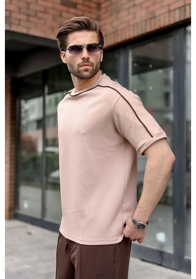 Madmext Camel Şerit Detaylı Modern Kesim Erkek Tişört E7182