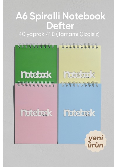 A6 Spiralli Notebook Defter 40 Yaprak 4'lü Tamamı Çizgisiz
