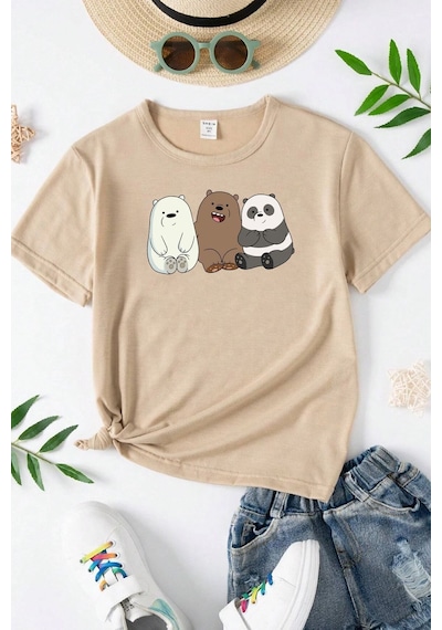 Uyguntarz Çocuk Kafadar Ayılar Baskılı Pamuklu Tshirt Bej