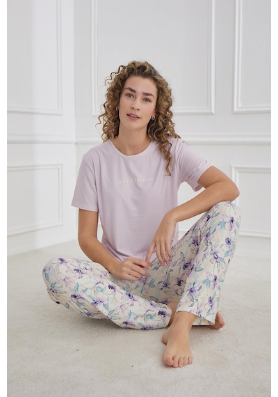 Kompedan Kadın Bisiklet Yaka Çiçek Desenli Pijama Takım Lila 30102-1168 LILA