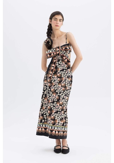 Defacto Lug Von Siga x DeFacto Bodycon Desenli Askılı Poplin Midi Elbise C1297AX24SMBK81