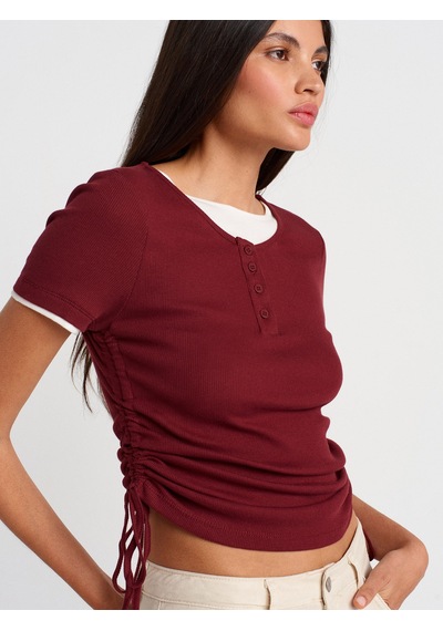 Dilvin 31816 Çift Katlı Büzgülü T-shirt-açık Bordo Açık Bordo