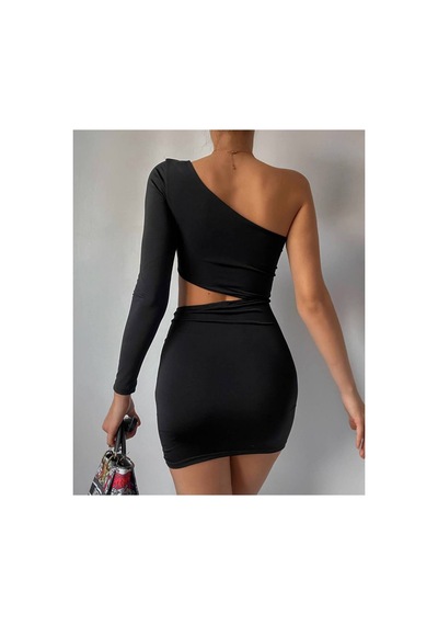 J&kstores Asimetrik Kesim Bel Detaylı Tek Kol Mini Elbise Siyah