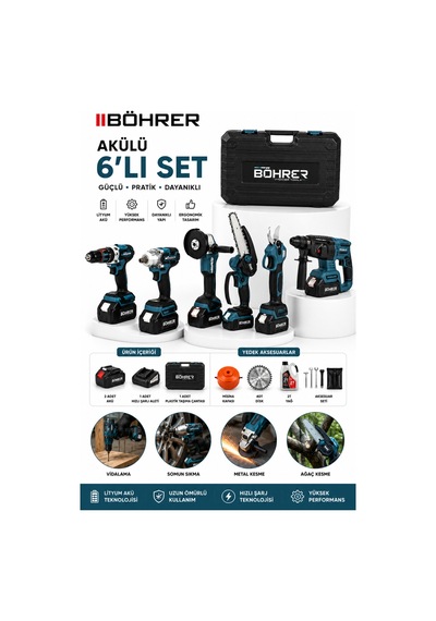Böhrer Ba011393 4 Batarya 2 Şarj Aleti 6 Makine Kombo Set - 36v 5ah - Makas Ve Testereli