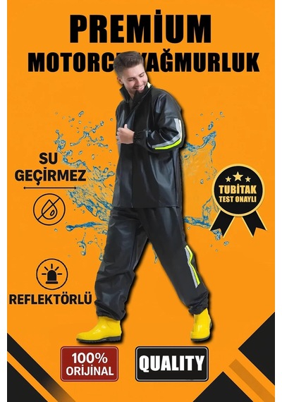 Erkek Premium Motorcu Kurye Yağmurluk Takım Su Geçirmez Pvc Kumaş Reflektörlü - Siyah Siyah