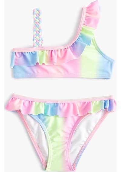 Koton Bikini Takımı Fırfırlı Tek Omuz İnce Askılı Pembe Desenli 4skg00002mm Pembe