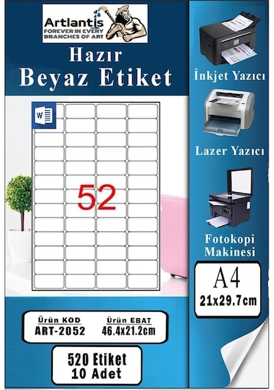 A4 Hazır Etiket 46.4x21.2 Mm 10 Sayfa 1 Paket 52 Li Kendinden Yapışkanlı Fotokopi Lazer İnkjet Kağıdı Yazıcılar İçin Uyumlu