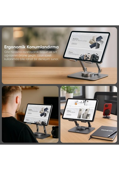 Tablet Standı 360 Derece Dönebilen Katlanabilir Ergonomik Tablet Tutucu