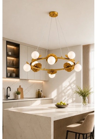 Modern Premium 8li Eskitme Halka Sarkıt Avizesi Salon Mutfak Oturma Odası Şık Modelleri 80cm G9 Duy Gold