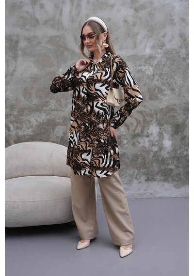 Polologin Butik Leopar Desenli Gömlek Tunik Kahverengi & Siyah & Beyaz Polologin Butik Leopar Desenli Gömlek Tunik Kahverengi & Siyah & Beyaz