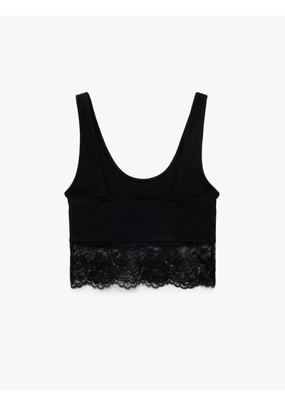 Koton Pamuklu Slim Fit Dantel Detaylı Kalın Askılı Crop Bluz Siyah 6sak10297ek