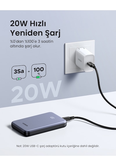 Ugreen 10.000 Mah 20 W Hızlı Şarj Powerbank Pd/qc Taşınabilir Şarj Cihazı, 75131b Gri