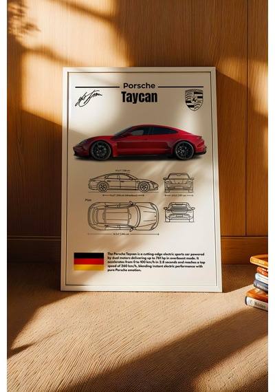 Porsche Taycan Tablo - Teknik Özellikli Elektrikli Spor Araba Poster - Çerçeveli Duvar Dekoru Beyaz