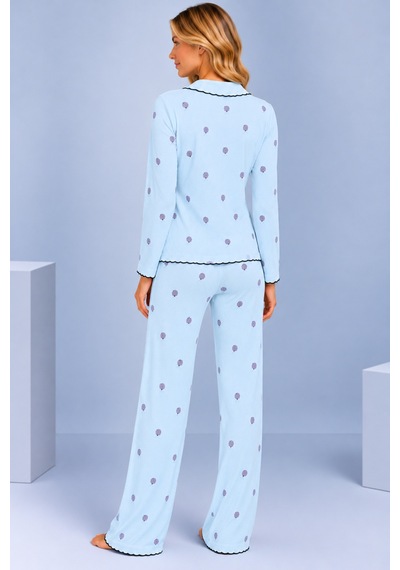 Pijamask Kadın Desenli Fiyonk Detaylı Düğmeli Uzun Kollu Müslin Pijama Takımı Mavi