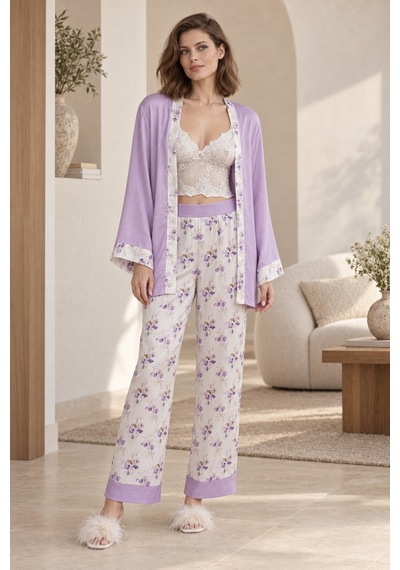 Loule Kadın Lila Dantel Braletli Sabahlıklı Saten Pijama Takımı
