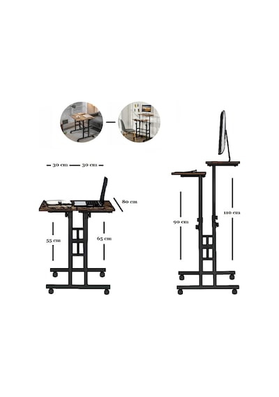 Yükseklik Ayarlı Bilgisayar/Laptop ve Çalışma Masası Tekerli Çam 80X60 Çam