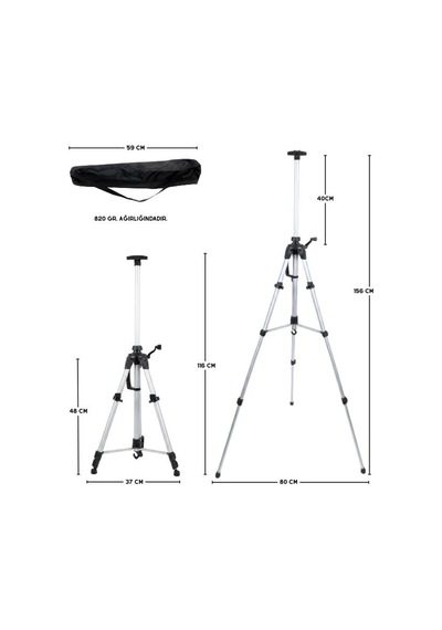 Katlanabilir Alüminyum Tripod Şövale - Kollu Yükseklik Ayarlı, Su Terazili, Pusulalı, Gümüş