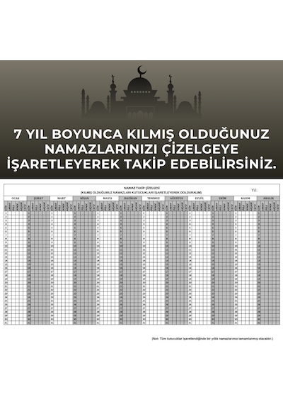 7 Yıllık Namaz Takip Çizelgesi A4 Boyutundadır Beyaz - Siyah