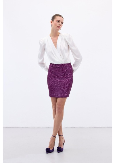 Sateen Payetli Mini Etek - Mürdüm-136651 Mürdüm