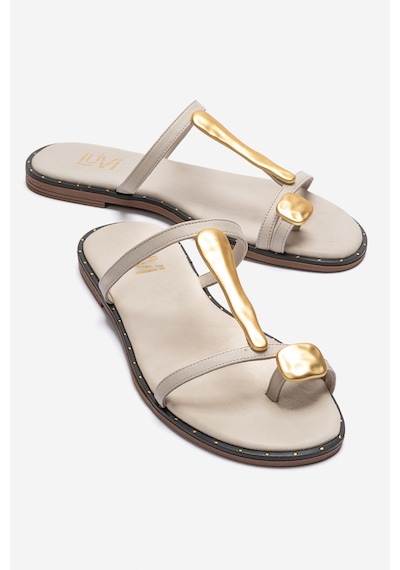 Luvishoes Tessa Ekru Hakiki Deri Gold Tokalı Kadın Parmak Arası Terlik