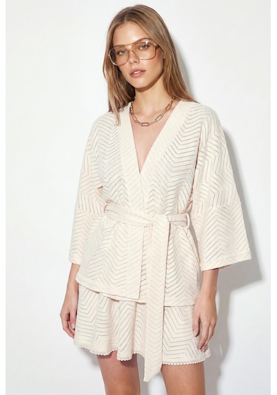 Kadın %100 Pamuk Zikzak Desenli Kimono Bluz Kat Kat Mini Etek Takım 7662 60286310 - Krem