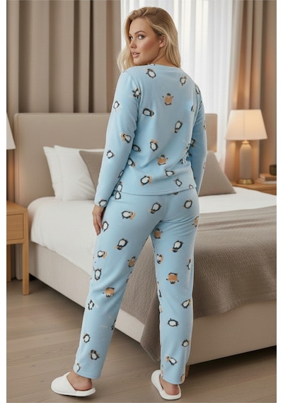 Siyah İnci Büyük Beden Polar Kışlık Örme Pijama Takım 25222583 mavi