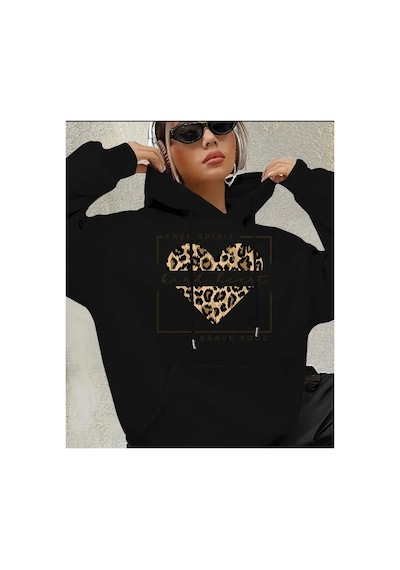 Herkesemoda Free Spırıt Yazı Detaylı Kapüşonlu Sweatshırt Siyah Siyah