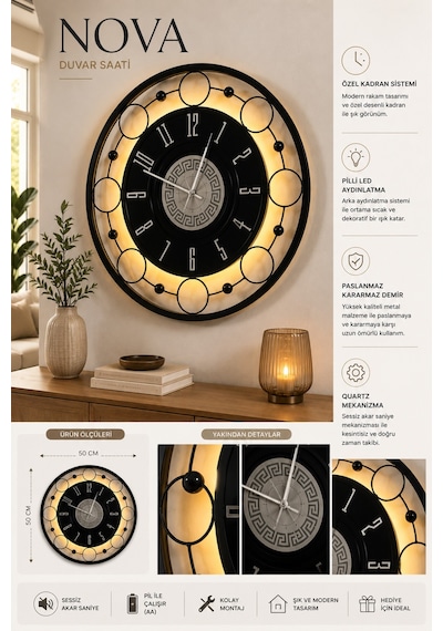 Siyah - Nova Galaxy Full Metal - Pilli Led - Metal Ledli Duvar Saati