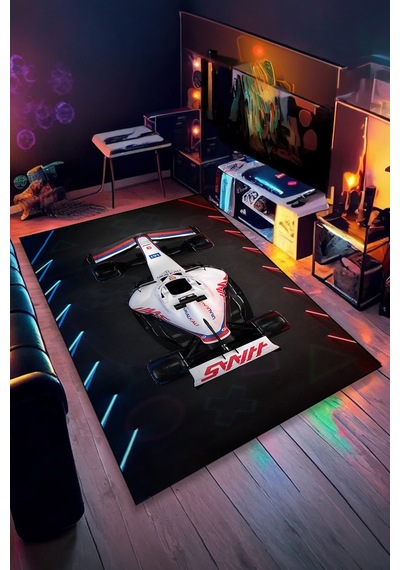 Formula 1 Beyaz Yarış Arabası Halı Kaymaz Taban Yıkanabilir Modern Halı F1.5