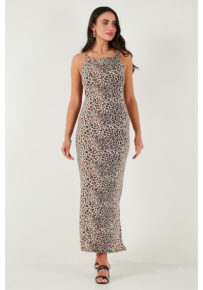 Lela Slim Fit Yırtmaç Detaylı Midi Boy Bayan Elbise 5866224 Leopar
