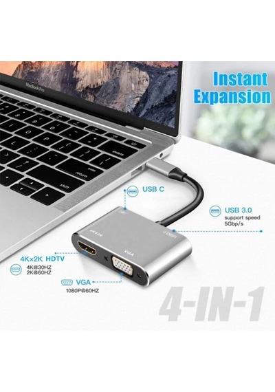 Kyrotech 4in1 Usb C Hdmı Vga Adaptörü, Usb C Hub, 4k Hdmı, 1080p Vga, Usb 3.0, Usb C Pd Şarj, Macbook Pro/air/ipad Pro 2018 / Dell Xps/samsung Uyumlu