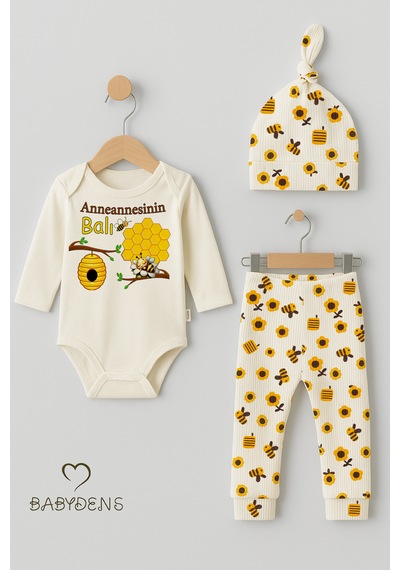Babyden's Anneannesinin Balı 3 Lü Yenidoğan Takım Pamuklu Uzunkol Body,çiçek Arı Desenli Pantolon,bere Ekru