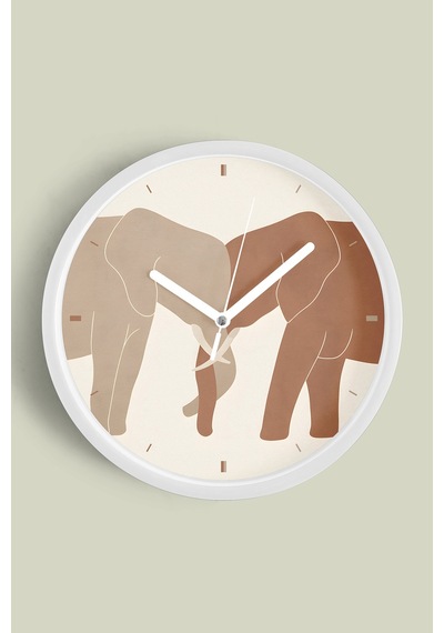 Soyut - Bohem - Minimalist Fil Çiftleri İllüstrasyonu Modern Duvar Saati - 30cm - Önü Camlı Beyaz