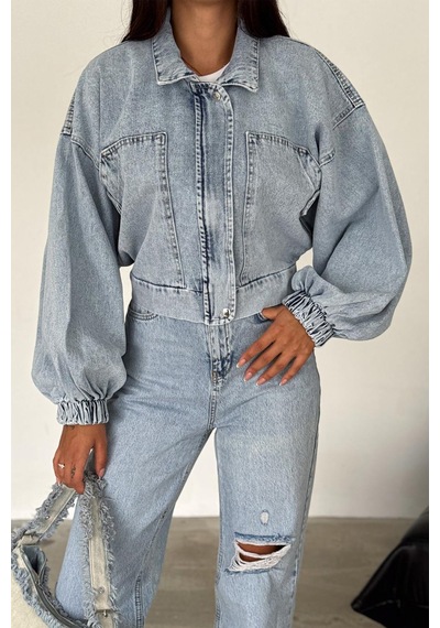 Kadın Açık Mavi Kısa Denim Ceket Elastik Manşetli Crop Model Mavi