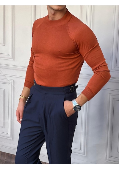 Modefendi Slimfit Kalıp Pamuklu Triko Yarım Balıkçı Triko Kazak Kiremit
