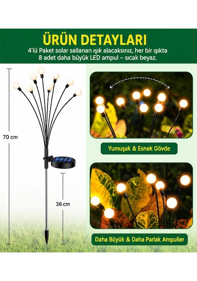 2'li Güneş Enerjili 70 Cm Firefly Bahçe Lambası 8 Led Aydınlatma Dekoratif Solar Dış Mekan Balkon Yürüyüş Yolu 13372804