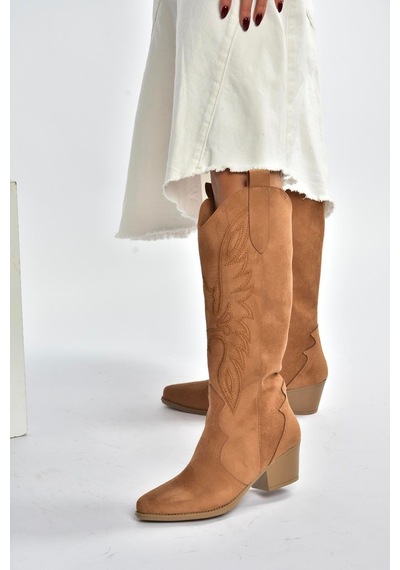 Fox Shoes V820356002 Taba Süet Kalın Topuklu Kadın Çizme Taba