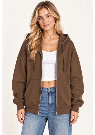 Cool Tarz Unisex Oversize Fermuarlı Kapüşonlu Sweatshirt 3 İplik Şardonlu Kahverengi Kahverengi Cool Tarz Unisex Oversize Fermuarlı Kapüşonlu Sweatshirt 3 İplik Şardonlu Kahverengi Kahverengi