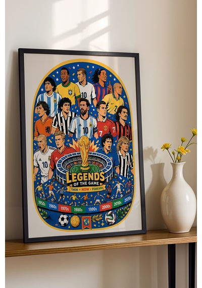 Dünya Kupası Futbol Efsaneleri Legends Of The Game Premium Çerçeveli Duvar Tablosu Üstün Kalite Siyah