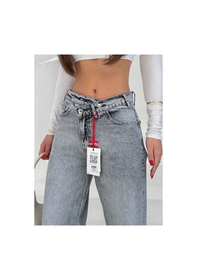 Meecy Kadın Bol Paça Jean Kot Pantolon Gümüş Gümüş