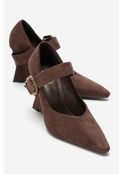 Luvi Shoes Lyons Kahverengi Süet Tokalı Kadın Dolgu Topuklu Ayakkabı