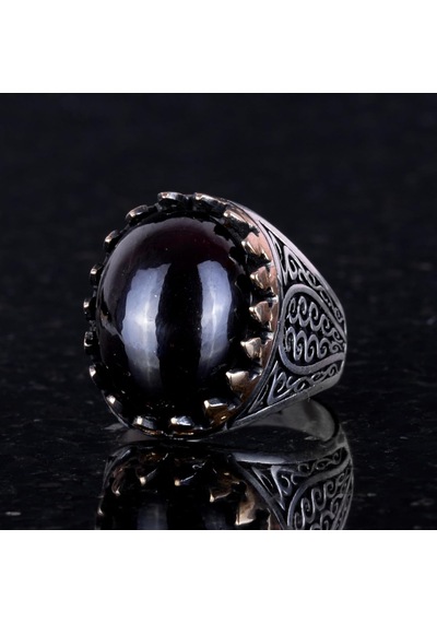 925 Ayar Katı Gümüş Erkek Yüzüğü Doğal Taşlarla - El Yapımı Şıklık Cabochon Granat Taşı Gümüş