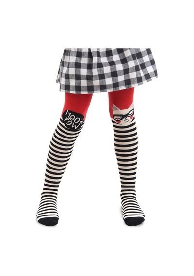 Denokids Kız Çocuk Kedi Desenli Pamuklu Kırmızı Külotlu Çorap 4-9 Yaş