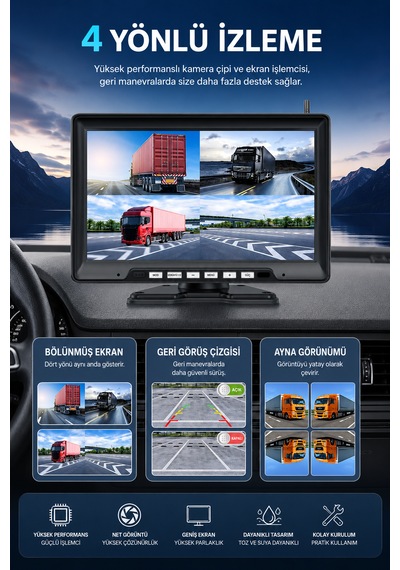 10'' Inç Monitörlü 4 Kameralı Tır Kamyon Otobüs Servis İçin Kablosuz Araç Seti