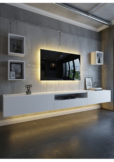 Resital Duvara Monte Ledli 270 Cm Tv Ünitesi Duvar Raflı - Ll6027 Beyaz