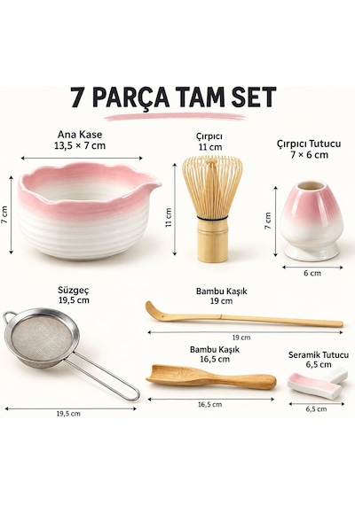 Valkyrie 7 Parça Matcha Seti Chasen Çırpıcı Chawan Kase Chashaku Kaşık Süzgeç Ve Stand Pembe